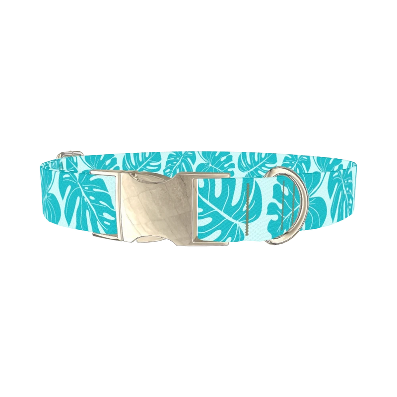 Tropical Monstera Dog Collar - metal silver