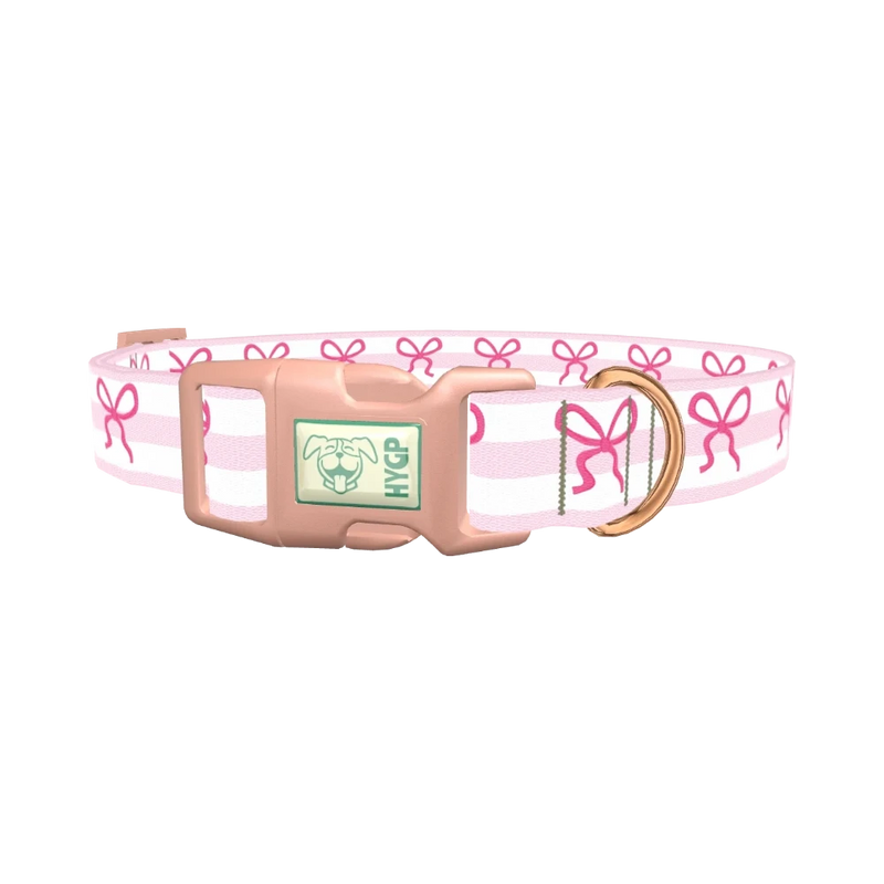 Pink Bow Stripe Dog Collar - plastic rose gold