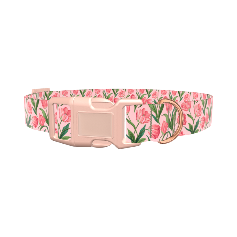 Pink Tulip Blossom Dog Collar - plastic gold