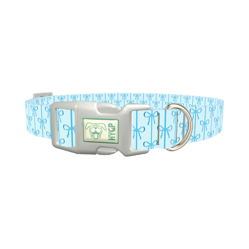 Blue Ribbon Bow Dog Collar - plastic silver