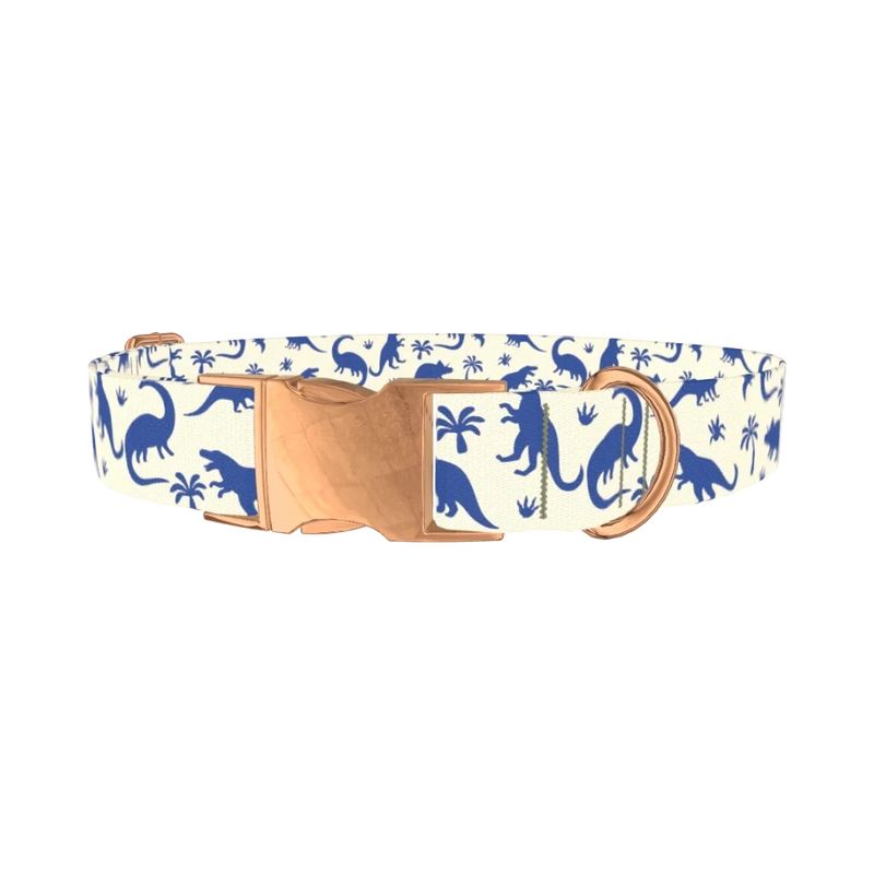 Blue Dinosaur Jungle Dog Collar - metal rose gold