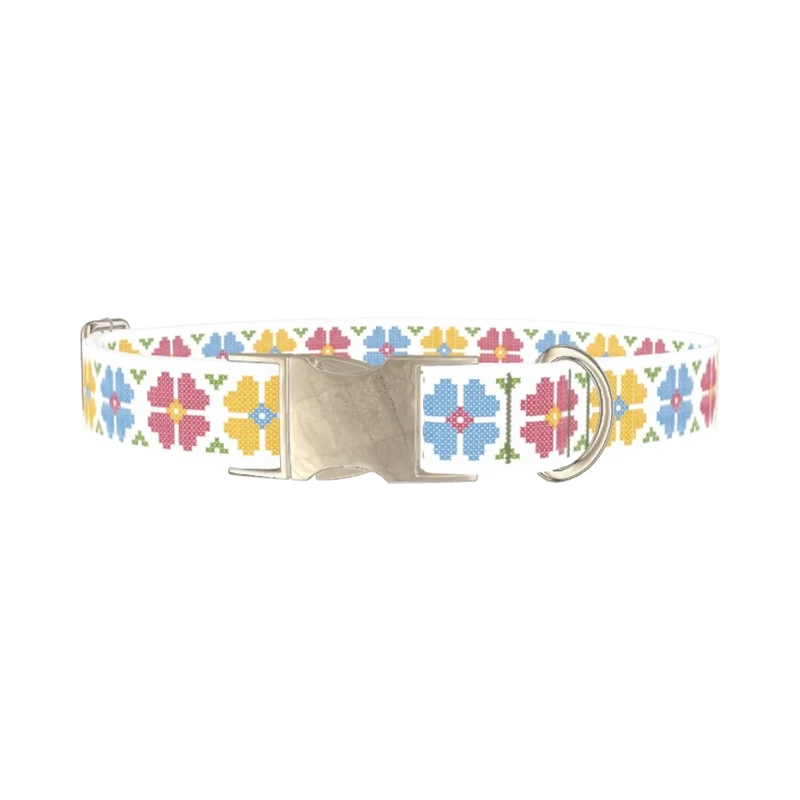 Floral Embroidery Dog Collar - metal silver