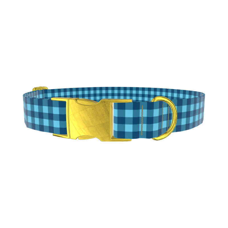 Blue Plaid Dog Collar - metal rose gold