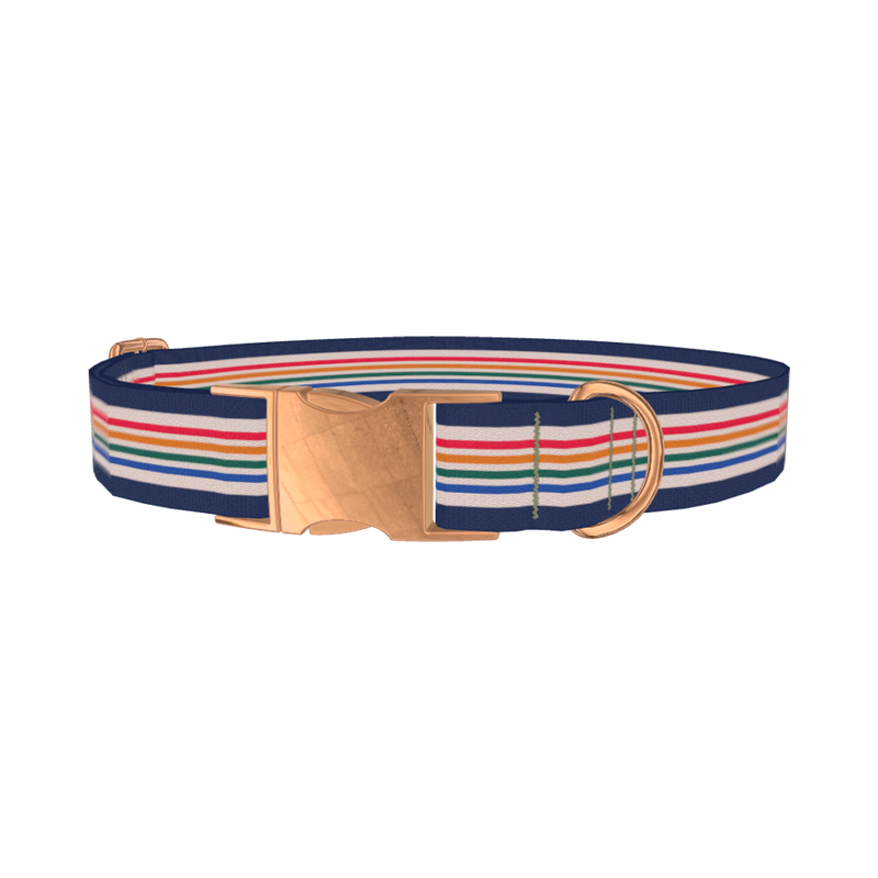 Dark Blue Rainbow Stripe Dog Collar - metal rose gold