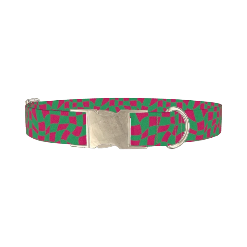Wavy Checkered Dog Collar - metal silver