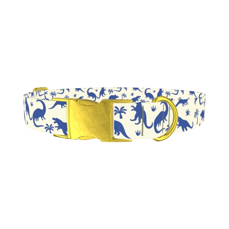 Blue Dinosaur Jungle Dog Collar - metal gold