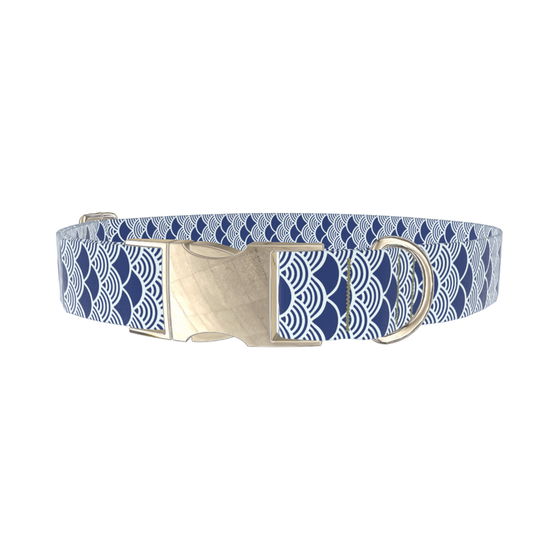 Blue Japanese Wave Dog Collar - metal silver