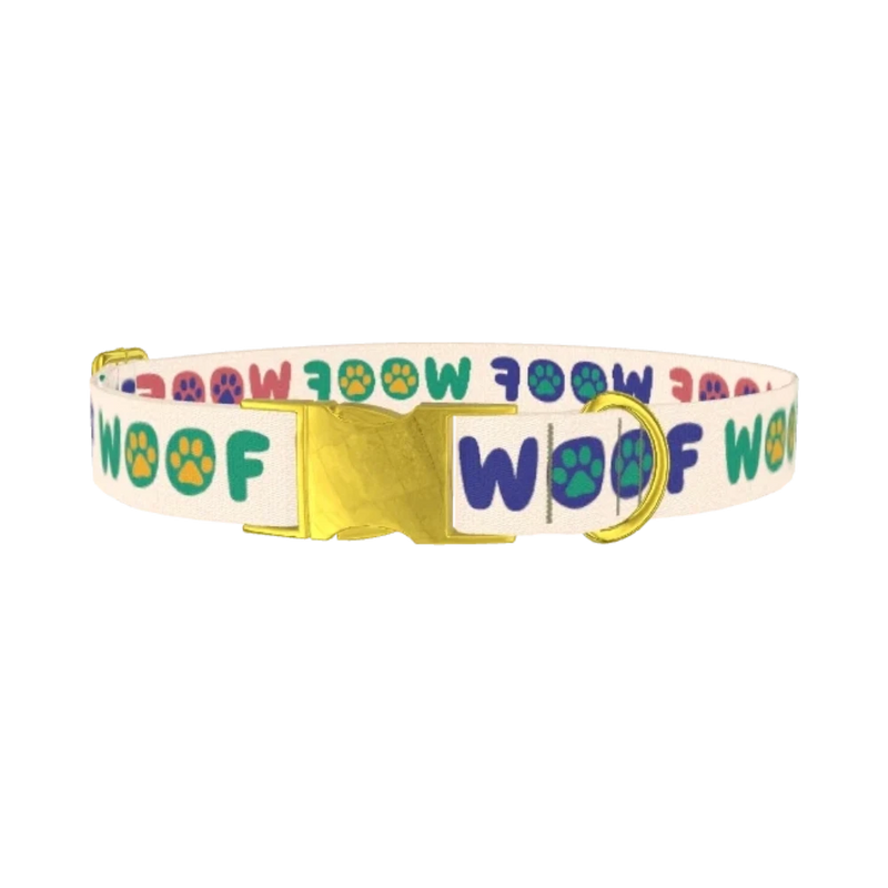 Woof Paw Print Dog Collar - metal gold