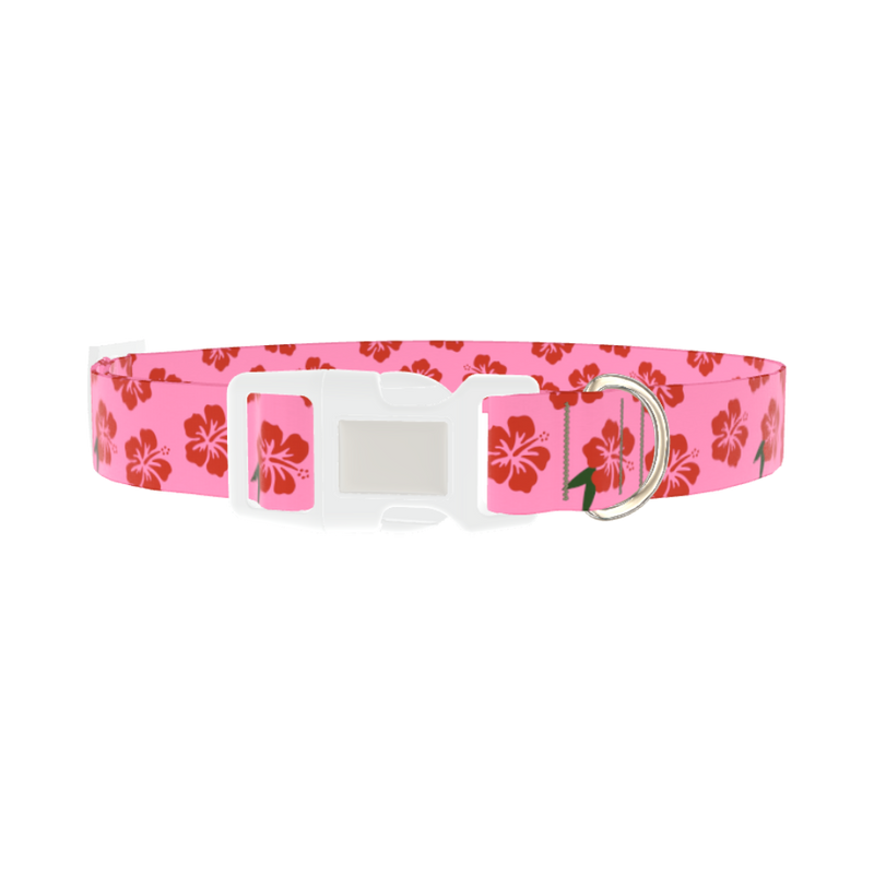 Pink Hibiscus Floral Dog Collar - plastic silver