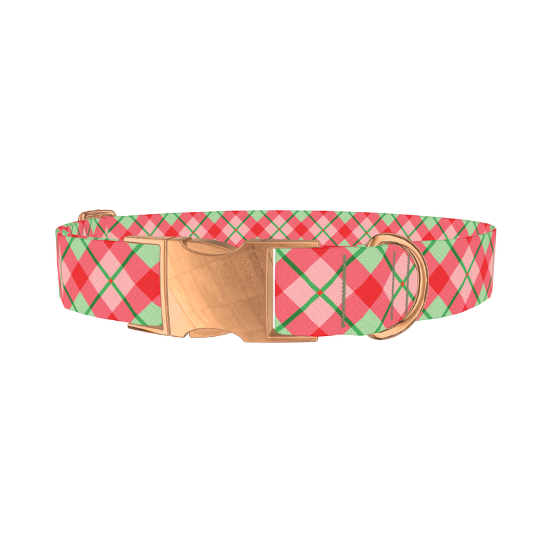 Festive Pink Plaid Dog Collar - metal rose gold
