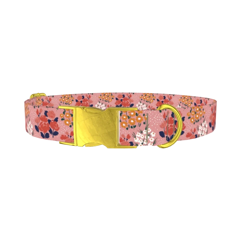 Pink Floral Bloom Dog Collar - metal gold
