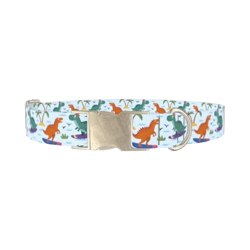 Dinosaur Surf Dog Collar - metal silver