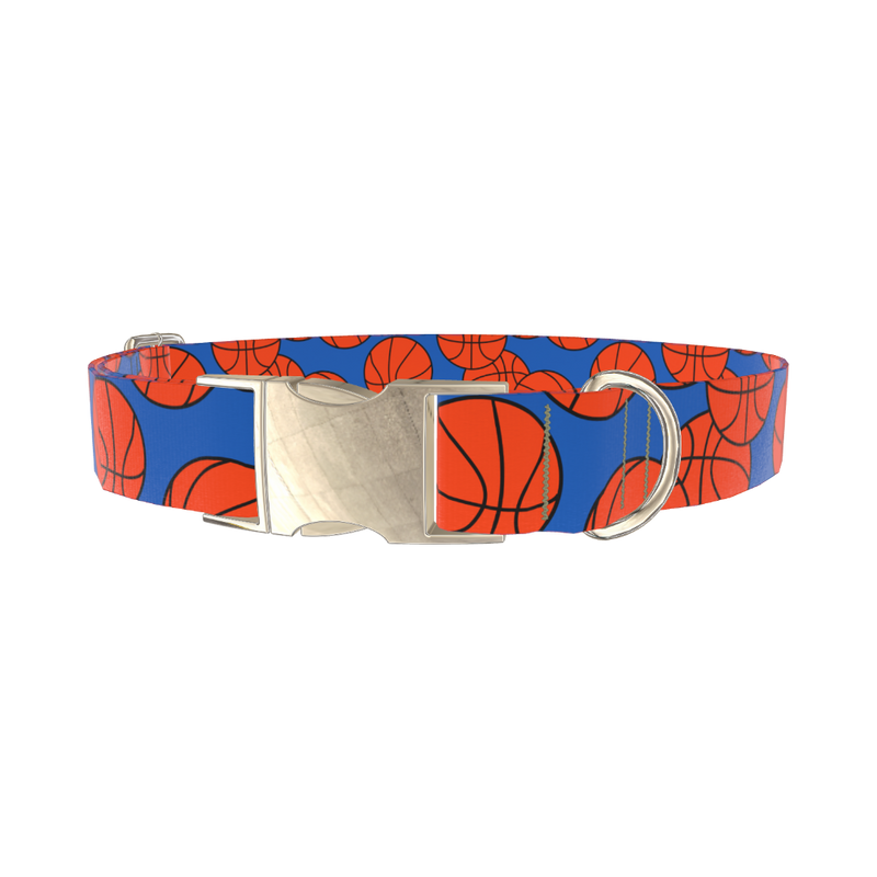Blue Basketball Pattern Dog Collar - metal silver
