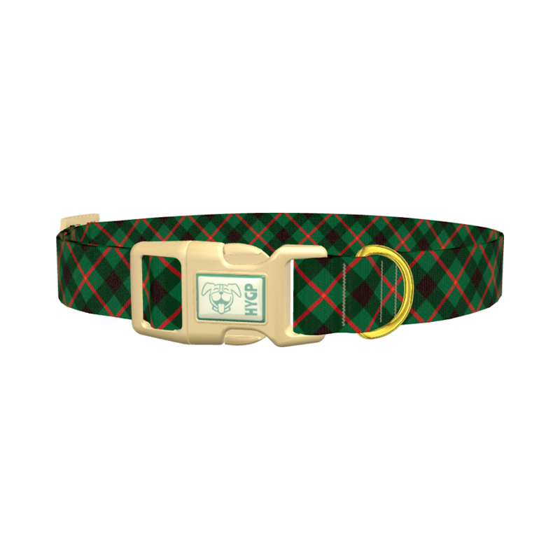 Dark Green Christmas Plaid Dog Collar - plastic gold