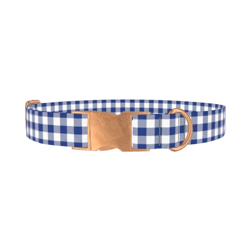Blue White Plaid Dog Collar - metal rose gold