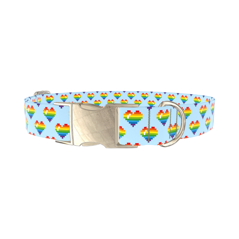 Pixel Rainbow Heart Dog Collar - metal gold