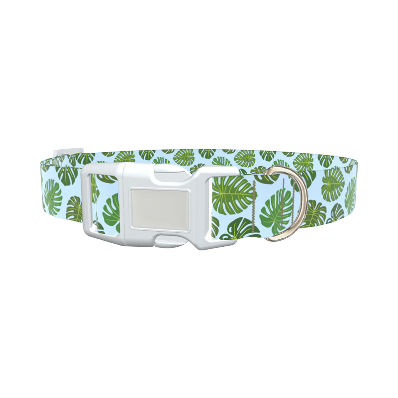 Blue Monstera Leaf Dog Collar - plastic rose gold