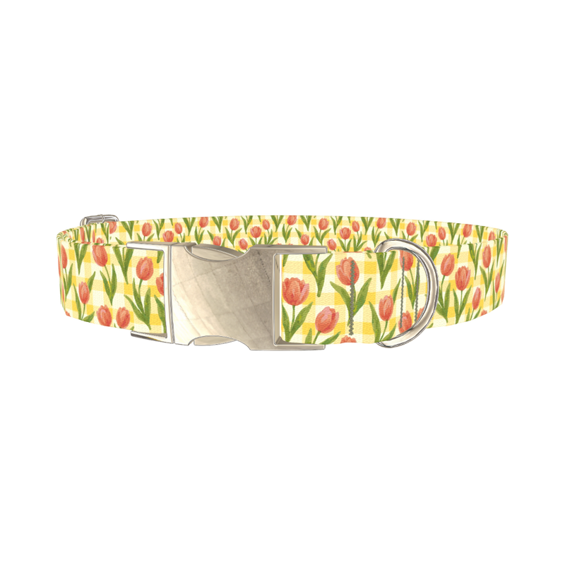 Floral Tulip Plaid Dog Collar - metal silver