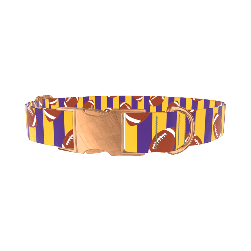 Purple Stripe Football Dog Collar - metal rose gold