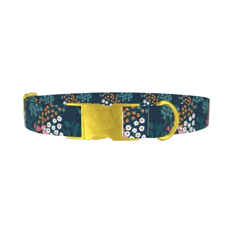 Navy Floral Garden Dog Collar - metal gold