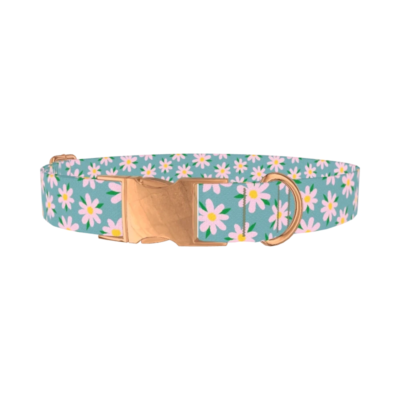 Floral Pink Camomile Dog Collar - metal rose gold