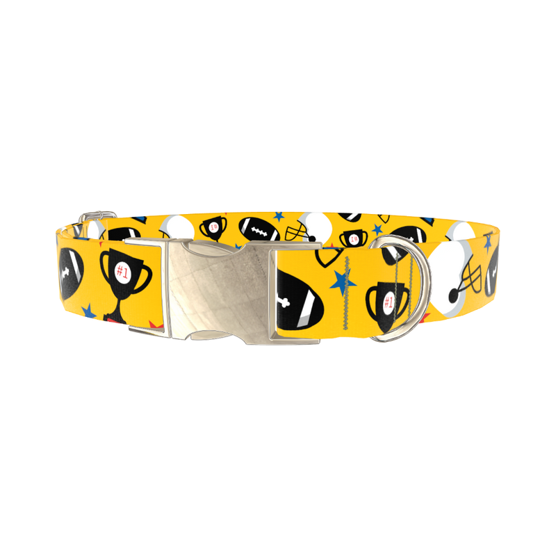 Yellow Football Trophy Dog Collar - metal silver