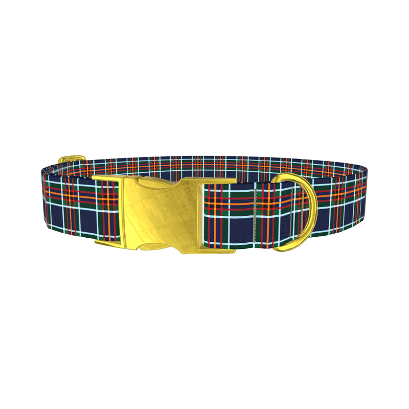 Dark Blue Festive Plaid Dog Collar - metal gold