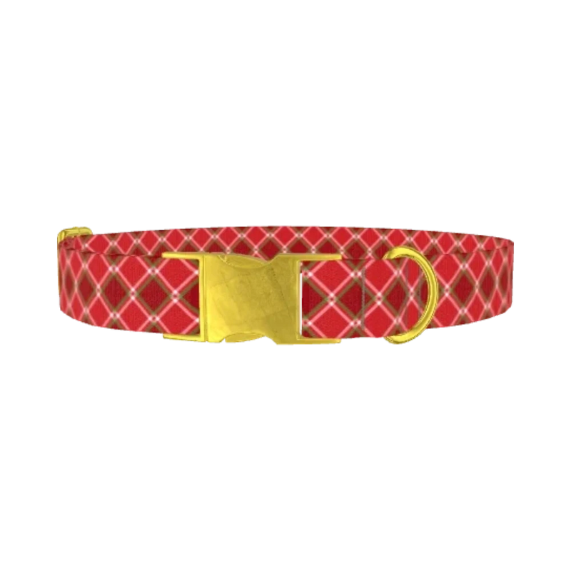 Festive Pink Red Plaid Dog Collar - metal gold