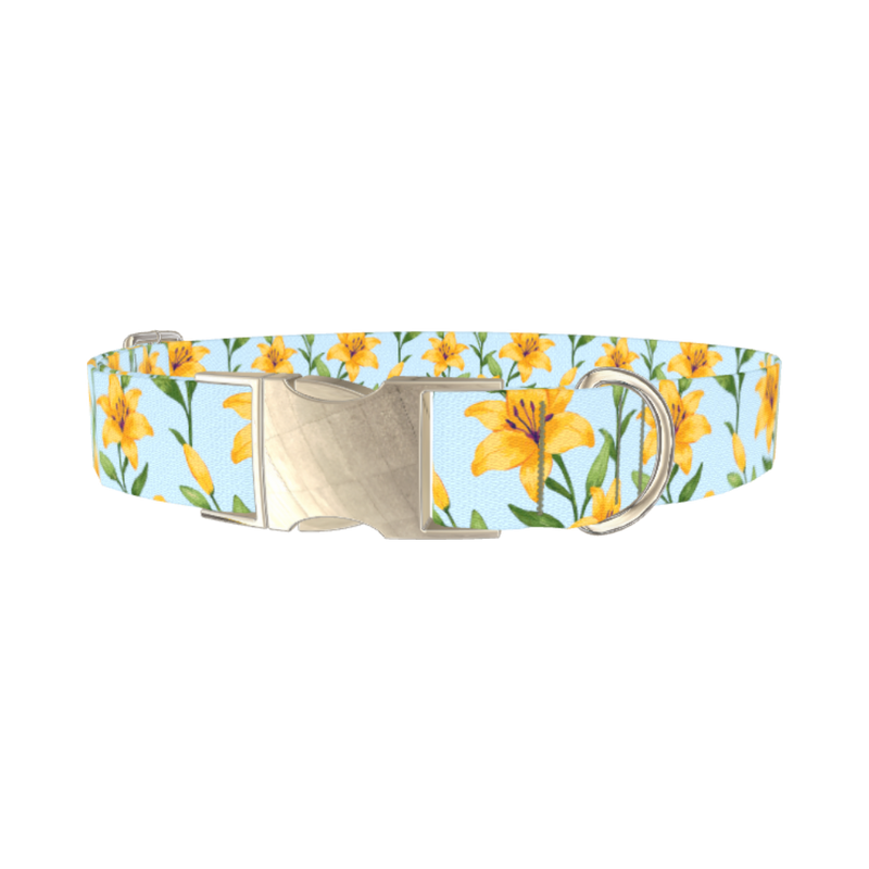 Floral Yellow Lily Dog Collar - metal silver