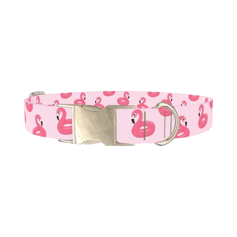 Pink Flamingo Dog Collar - metal silver