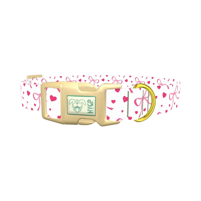 Light Pink Ribbon Heart Dog Collar - plastic gold