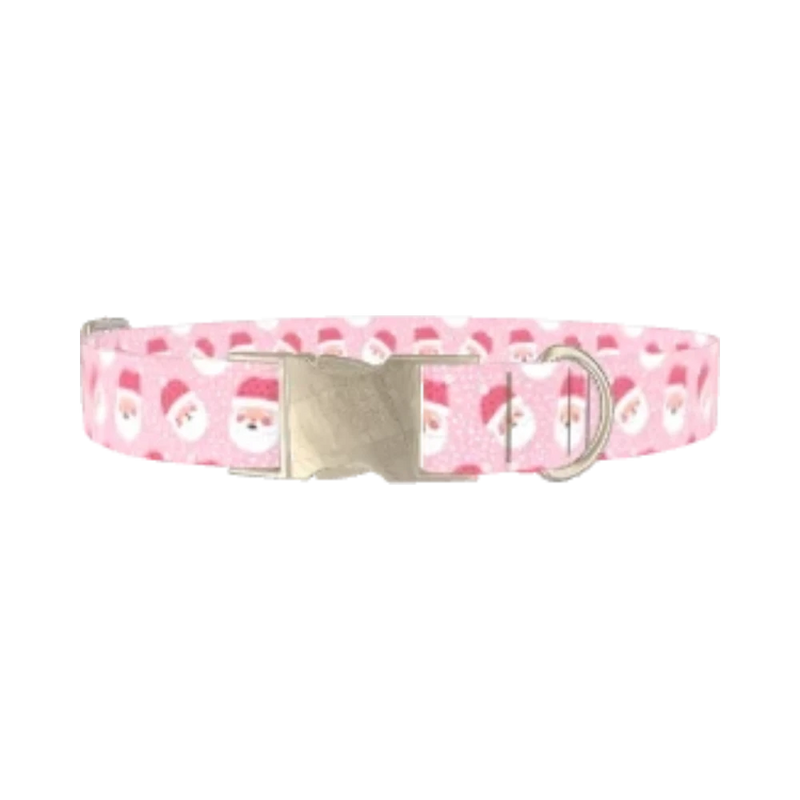 Pink Santa Pattern Dog Collar - metal silver