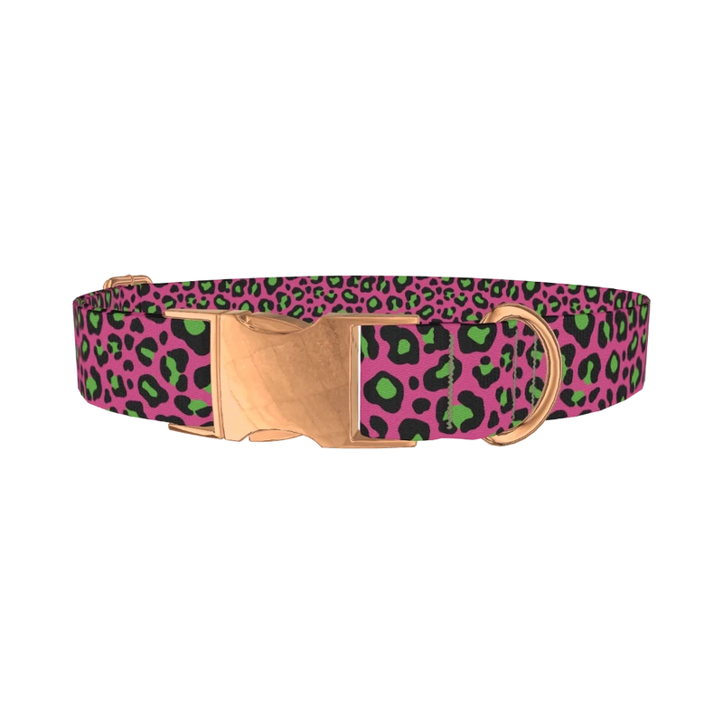 Pink Leopard Print Dog Collar - metal rose gold