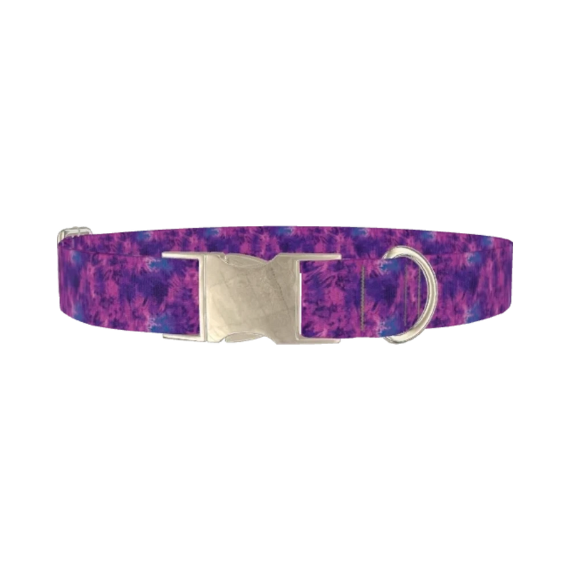 Purple Tie-Dye Dog Collar - metal silver