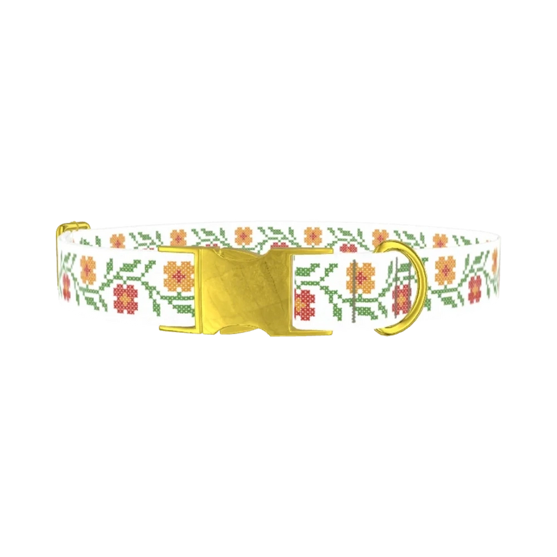 Cross Stitch Flower Dog Collar - metal gold