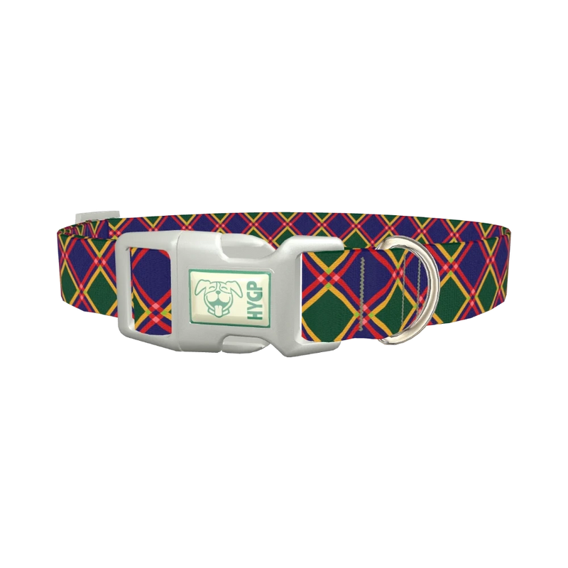 Festive Blue Plaid Dog Collar - plastic silver