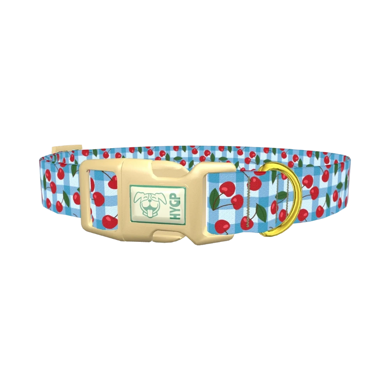 Gingham Cherry Dog Collar - plastic gold
