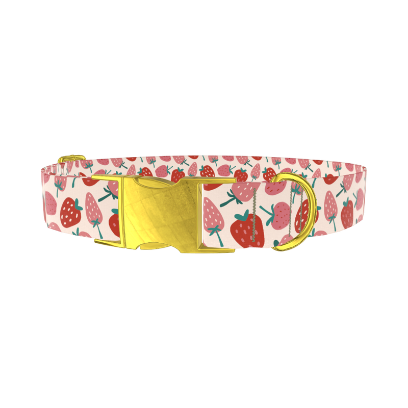 Pink Strawberry Pattern Dog Collar - metal gold