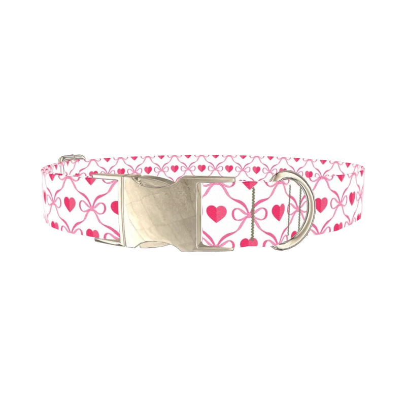 Pink Bow Heart Dog Collar - metal silver