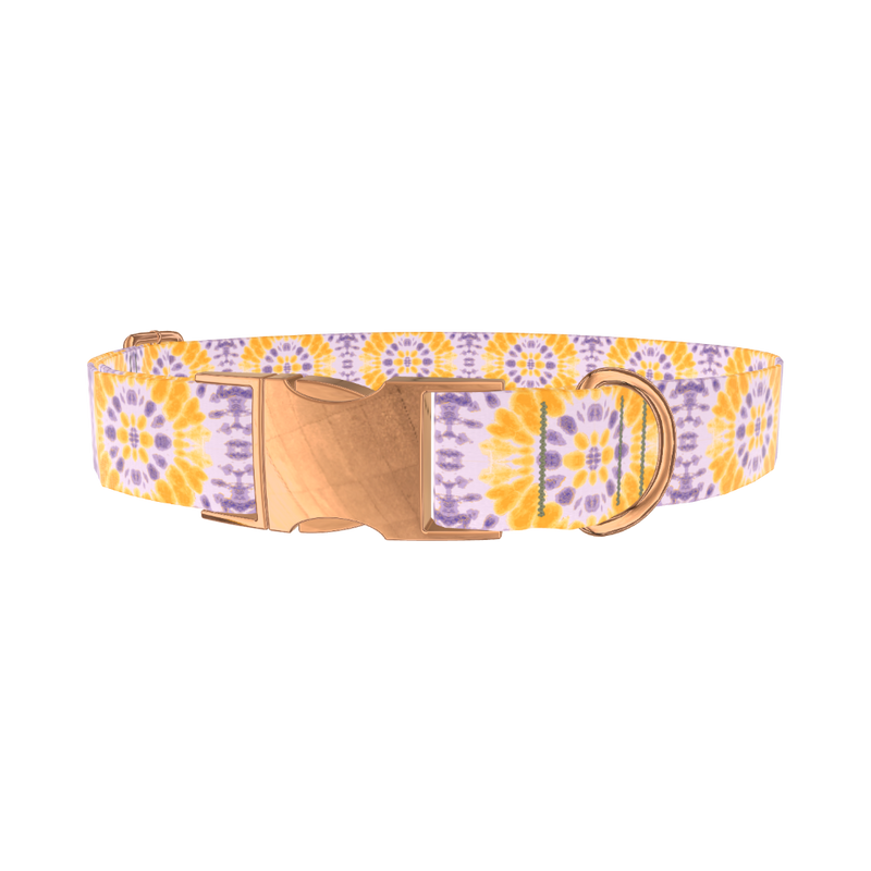Yellow Purple Tie-Dye Dog Collar - metal silver