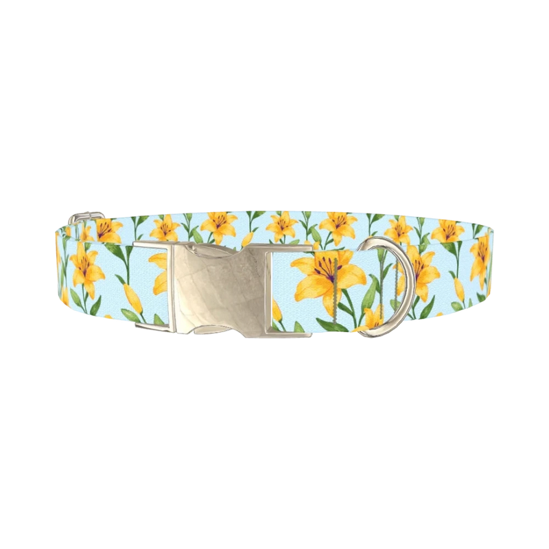 Floral Yellow Lily Dog Collar - metal silver