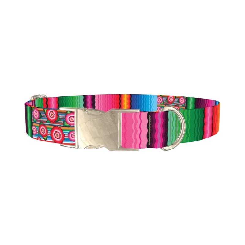 Mexican Floral Stripe Dog Collar - metal silver