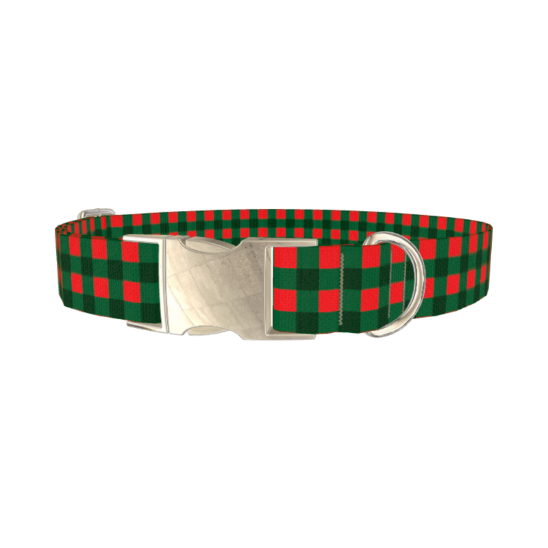 Plaid Green Dog Collar - metal silver