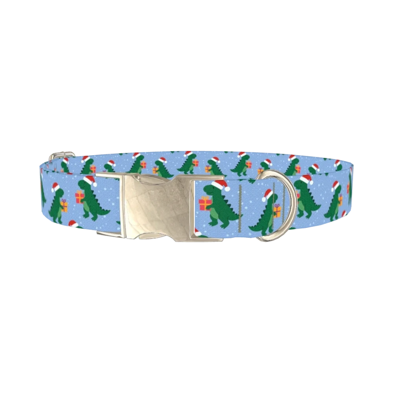 Christmas Dinosaur Dog Collar - metal silver