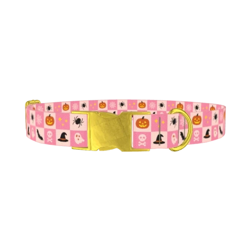 Halloween Tiles Dog Collar - metal gold