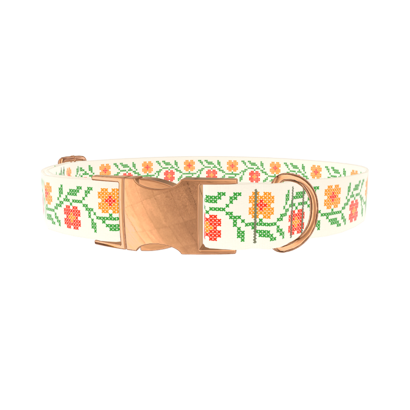 Cross Stitch Flower Dog Collar - metal silver