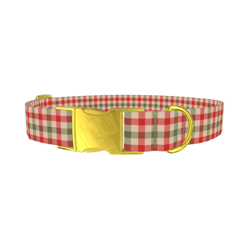 Red Green Plaid Dog Collar - metal gold