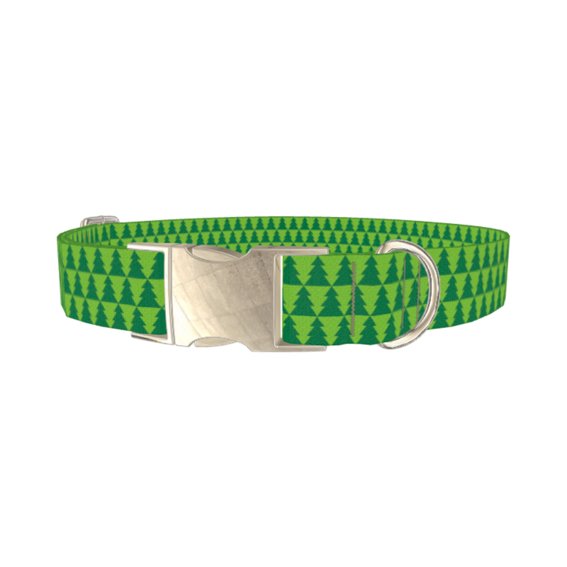 Green Christmas Tree Pattern Dog Collar - metal silver