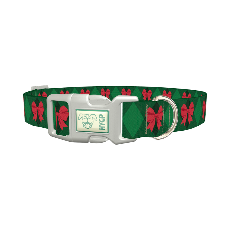 Red Bow Plaid Dog Collar - plastic silver