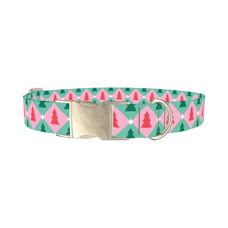 Geometric Pink Green Tree Dog Collar - metal silver